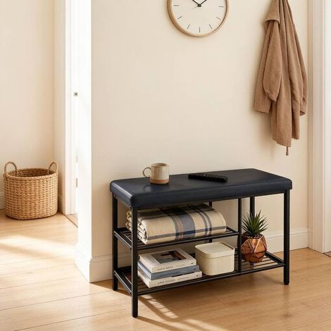Schuhbank mit Sitzfläche, 80 x 30 x 50 cm, schwarz, 3 offene Fächer (1/5)
