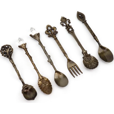 Ensemble de 6 pièces innovant vintage rétro en alliage de zinc, cuillères et fourchettes, couverts, accessoire de cuisine (Bronze vert (manche de fourchette en forme de cœur)) (1/5)