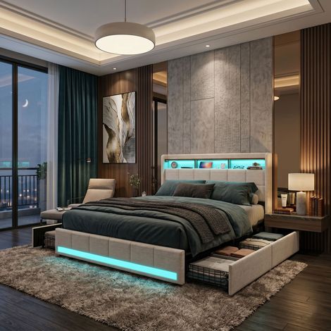 Creahappy Lit Double 140x190 cm avec Tiroirs et LED - Tête de Lit avec Prise USB Type-C - Tissu Lin Moderne - Beige (1/5)