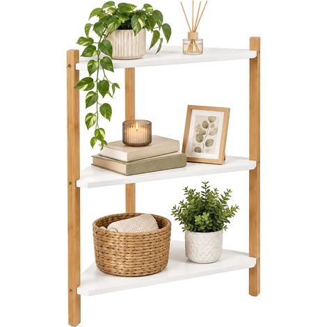 Relaxdays Eckregal, HxBxT: 60 x 46 x 25 cm, 3 Ablagen, Standregal Wohnzimmer, Bad, MDF, Bambus, Regal Ecke, weiß/natur (1/5)