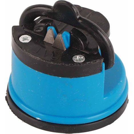 Affûteur manuel pour couteaux et ciseaux, outil de meulage avec ventouse bleu, idéal pour cuisine.
