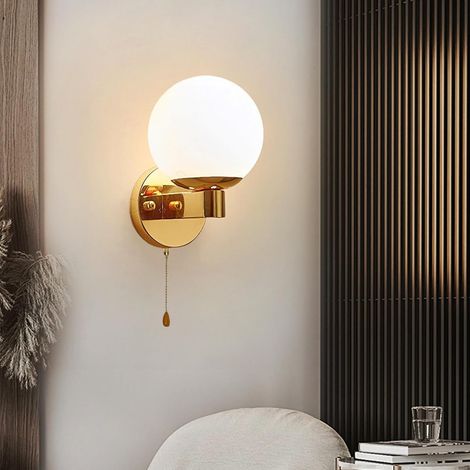 E27 Glass Ball Wall Light with Cord Switch  Frosted Glass Wall Lamp, Bulb Included, Practical Design, Ideal for Bedroom, Living Room, Mirror, Kitchen or Hallway - Gold (1/5)