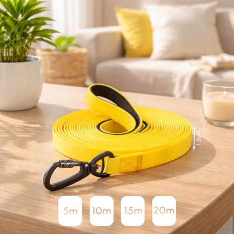 belviona Schleppleine für Hunde, Trainingsleine mit PVC-Beschichtung, wasserfest, pflegeleicht & mit Neopren-Handschlaufe 10 m, signalgelb (1/5)
