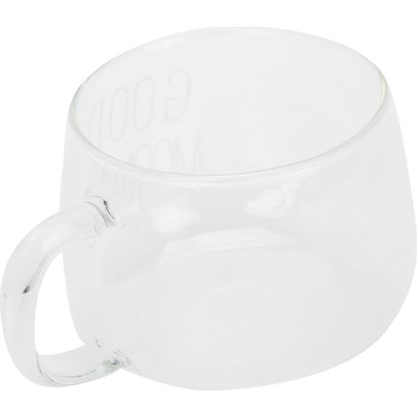 Kaffeetasse aus transparentem Borosilikatglas mit Henkel für Milchtee, Cocktails und andere Getränke. Weißes Etikett. (1/5)