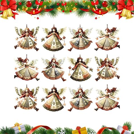 Lot de 12 décorations de Noël, pendentifs d'anges de Noël vintage en bois, 8 cm, décorations miniatures pour sapin de Noël ou fenêtres (vert) (1/5)