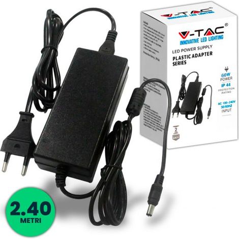 V-TAC Alimentatore per Strip LED 60W 12V 5A Jack 2.1 Cavo 2.4m con Spina IP44 - SKU 3239 VT-23061