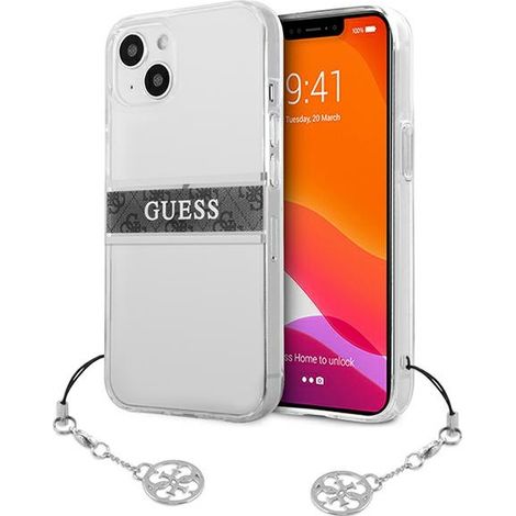 Custodia trasparente grigia Guess per iPhone 13 mini 4G con cinturino (1/5)