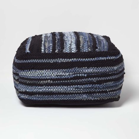 HOMESCAPES Texas Denim Woven Striped Bean Filled Pouffe, 60 cm