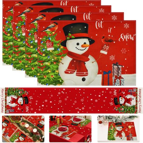 Lot de 4 Sets de Table de Noël Rouge 45 x 30cm et Chemin de Table de Noël 180 x 33cm, Lavables (1/5)