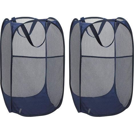 Panier à Linge [Lot de 2] Corbeilles à Linge Pliable Pop Up en Maille Filet Sac à Linge Panier à Linge Pliable avec ManiPôler, Bleu-Fei Yu (1/5)