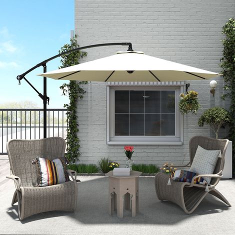 Ombrellone da esterno décentré beige 3x2,5 m avec socle croix inclus, polyester et métal (1/5)