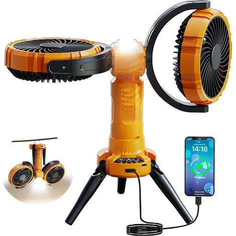 Ventilateur de Camping Rechargeable 8000mAh avec Lampe LED, Rotation 360° et Oscillation 270°,Jaune (1/5)