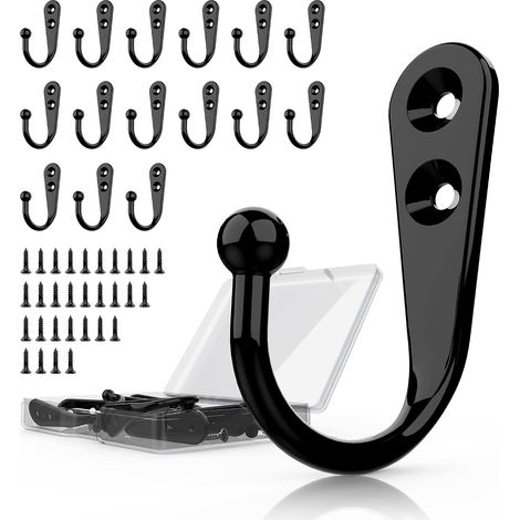 15 ganchos de pared negros con 30 tornillos, para toallas, llaves, albornoces, bufandas, bolsos, sombreros, tazas de café y vasos. (1/2)