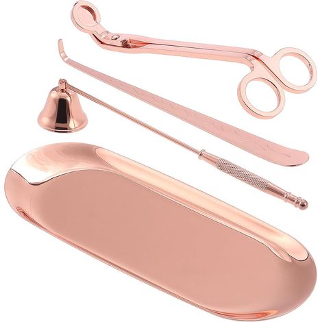 Kerzenabdeckungs-Werkzeugset, Kerzenlöscher, Dochtschneider, Dochtlöffel aus Edelstahl und Ablageschale (Roségold)