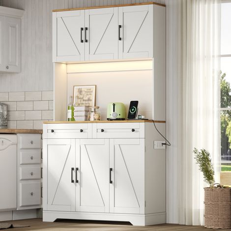 Credenza alta da cucina con LED, prese e 2 cassetti in MDF 100 x 40 x 180 cm (1/5)