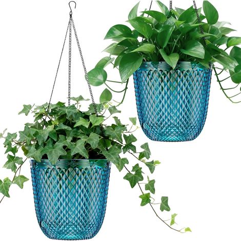 Lot de 2 Pots suspendus auto-arrosants, plastique, drainage, chaînes, jardin maison