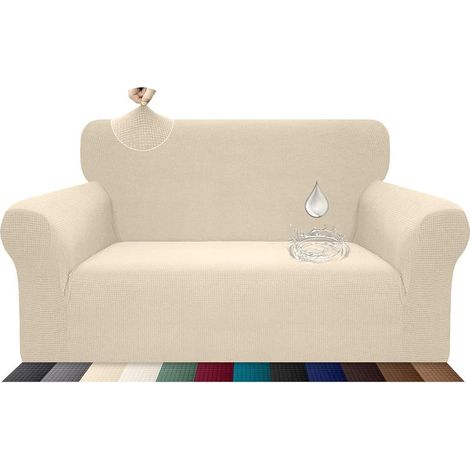 Housse de canapé extensible, imperméable et résistante aux griffures pour canapé 2 places Motif élégant Avec bâtonnets de mousse antidérapante (canapé 2 places, beige) (1/5)