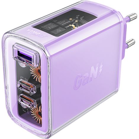 GaN 65W Wandladegerät mit 3 Anschlüssen (1x USB, 2x USB-C) Lila (1/5)