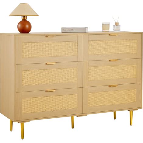 Commode en rotin à 6 tiroirs, meuble de rangement avec poignées et pieds en métal, organisateur de vêtements et rangement bohème en bois, armoire pour chambre à coucher, salon, couloir ou entrée (1/5)