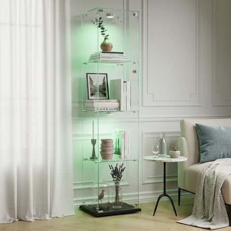 Vitrina de cristal con LED RGB - Mueble expositor - Vidrio templado - 1 puerta - 4 estantes - Cerradura y base - Negro (1/5)