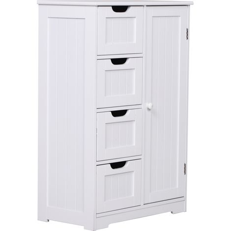 Meuble de salle de bain 4 tiroirs avec armoire, étagère réglable 3 hauteurs, MDF vernis écologique, anti-basculement, 56x30x83cm, Blanc