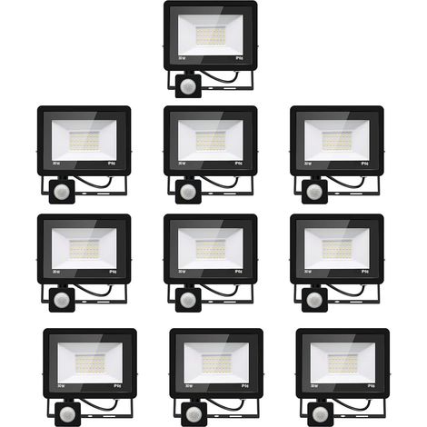 10PACK - 30W Projecteur LED détecteur de mouvement,Blanc Froid (6000K) 3000LM Projecteur LED Exterieur Avec Detecteur Imperméable IP66 Projecteur LED exterieur de sécurité pour, garage, couloir