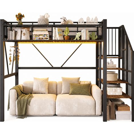 Lit mezzanine 90x200 cm avec étagères d’escalier, rangement ouvert, LED multicolore et structure métal MDF noir – CHICFURN (1/5)