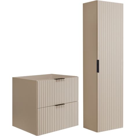 Rodan Badmöbel Set Beige Matt Cashmere, Waschbeckenunterschrank 46 x 60 x 57 cm und Hochschrank 35 x 136 x 27 cm, Soft-Close