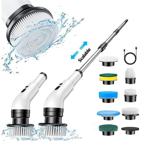 Brosse de nettoyage électrique sans fil – 8 têtes remplaçables – Longueur réglable 31 à 140 cm – Étanchéité IPX7 pour salle de bain et cuisine (1/5)