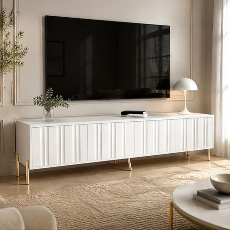 Mobile TV 190x38x48 cm bianco in MDF e pannelli di particelle - 4 ante e 8 ripiani (1/5)