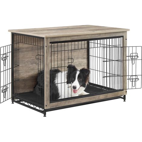 Cage pour Chiens, Table d’Appoint, Niche Moderne pour Chiens Jusqu’à 32 kg, Cage pour Chiots, Plateau Amovible, Maisonnette pour Animaux, 2 Portes, Grège (1/5)