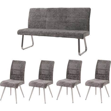 Esszimmer-Set HHG-102, 4er-Set Stuhl + Sitzbank 160cm, Edelstahl gebürstet Stoff/Textil Chenille dunkelgrau