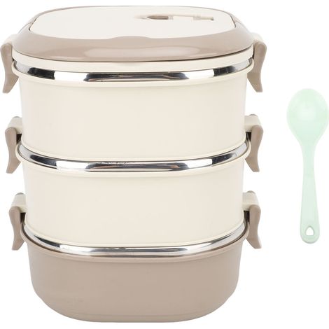 Boîte Repas Isotherme 3 Étages en Acier Inoxydable 304 avec Cuillère pour École et Bureau (1/5)