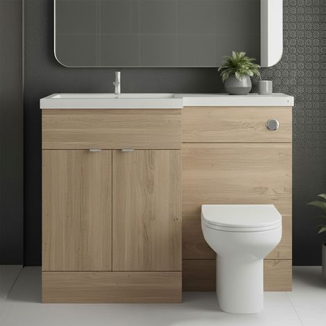Hudson Reed Fusion LH Combination Unit with L Shape Basin - 1100mm Wide - Bleached Oak (1/4)