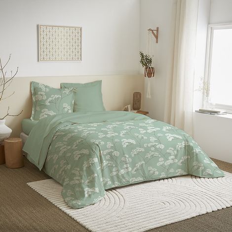 Parure de couette 3 Pièces réversible pour lit 240 x 220 cm "Landscape Menthe" Coton Pur -  - (1/3)