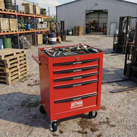 Mueble de almacenaje con ruedas, carro de herramientas de acero con 5 cajones, rojo y negro DESVIAE (1/5)