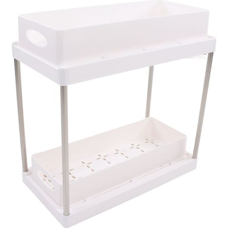 Étagère de rangement à deux niveaux avec mécanisme coulissant pour bureau, rangement de produits cosmétiques, rangement de cuisine et de salle de bain, blanche (1/5)