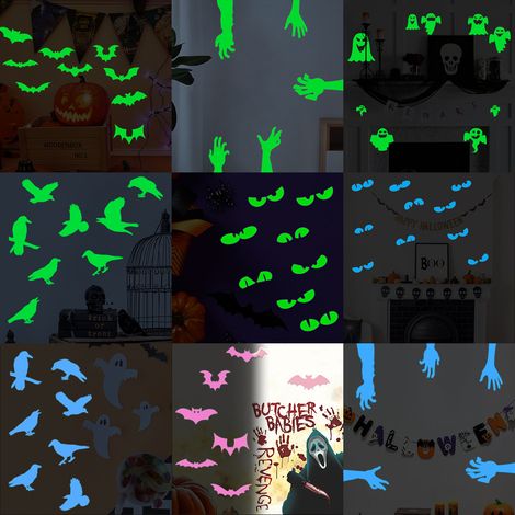 Sticker mural phosphorescent pour chambre d'enfant : citrouille, fantôme, crâne, araignée et chauve-souris - YGT1215 - Chauve-souris phosphorescente - Rose