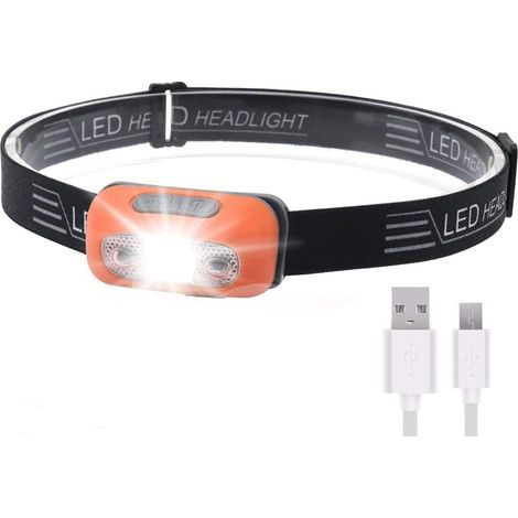 Lampe frontale à capteur LED super lumineuse, légère, étanche, batterie rechargeable USB, 5 modes pour course à pied, vélo, pêche, camping, randonnée et enfants (B6 orange)