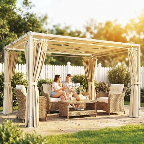 Pérgola de Jardín 3x4 m con Protección UPF 50+ Gazebo con Cortinas Estructura de Acero para Sombra Exterior Beige (1/5)