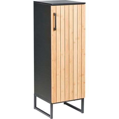 Meuble de Salle de Bain sur Pied Moderne en Bambou MDF et Acier 30 x 90 cm avec 3 Etagères Noir et Marron Clair Miscanti