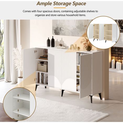 Buffet blanc moderne multifonctionnel – 4 portes, étagères réglables, pieds métal noir, dimensions 160 x 35 x 100 cm – Rangement élégant pour salon ou salle à manger (1/5)