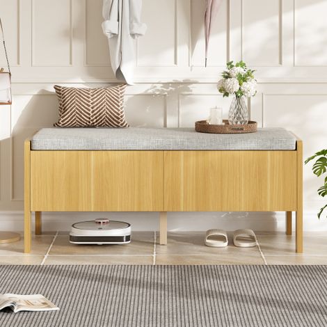 Banc à chaussures, banc de rangement, banc-coffre, côtés en rotin tressé, 2 tiroirs, couleur : naturel, dimensions : 113 × 45,5 × 40 cm (1/5)