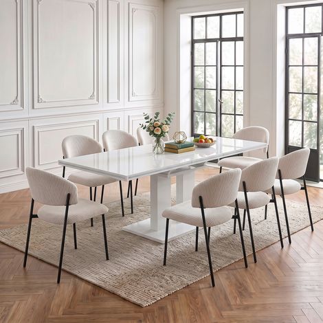 Ensemble de table à manger extensible, table à manger blanche brillante de 140 à 180 cm avec chaises, table de cuisine et de salle à manger moderne à piètement en colonne, idéale pour la salle à mange