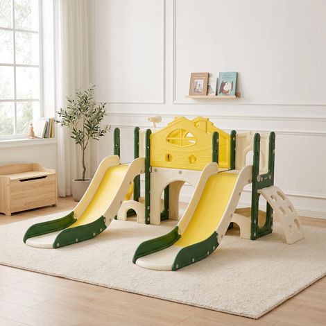 Kinder Spielplatz mit Doppelrutsche 203x166x96,5 cm, Spielcenter im Piratenschiff-Design mit Tunnel und Stauraum, Grün/Gelb