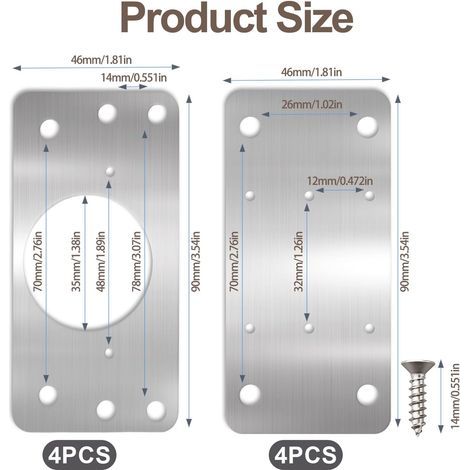 Plaque Reparation Charniere Porte Placard, 8 Pièces Réparation Charnières Meuble Cuisine Quincaillerie Plate Inoxydable Kit de Renforcement Fixation Porte avec Vis pour Bois Étagère Armoire (9046mm) (1/5)