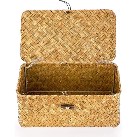 Bacs de rangement en osier tissé avec couvercle - Caramels en jonc de mer naturel (S, 23 x 13 x 9,5 cm)