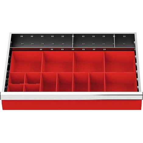 Schubladeneinteilung R 24-16 mit Kleinteilekästen für Front 100 mm Maße in mm (BxT): 600 x 400 (1/3)