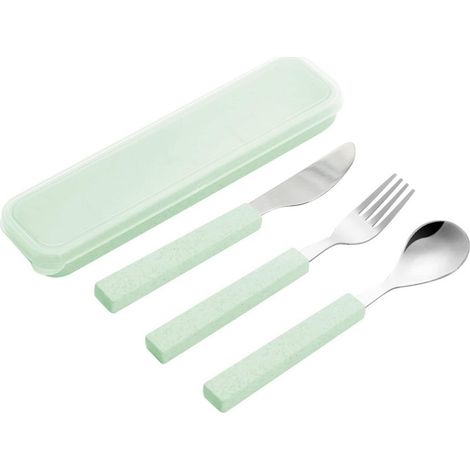 Kinderbesteck Set 3-teilig Edelstahl mit Reisekoffer, spülmaschinenfest, Grün (1/5)