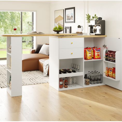 Bartisch MDF Weiß drehbar 105x39x102 cm mit 4 Schubladen und offenen Regalen (1/5)
